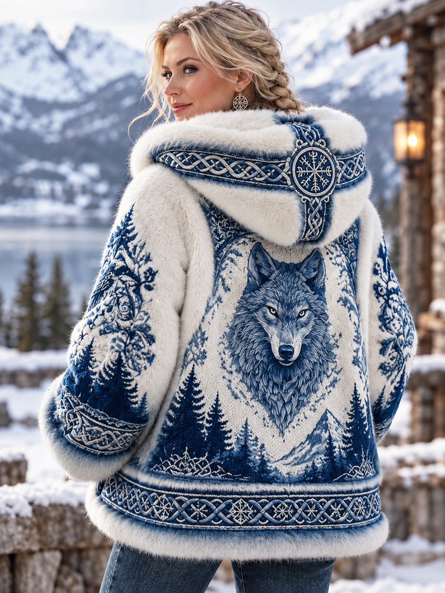 Kvinder Retro Nordic Viking Wolf Flannel Hooded Jacke