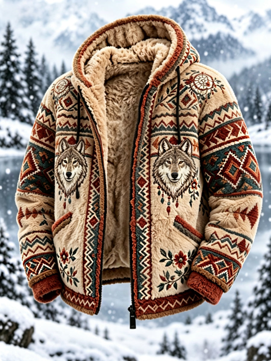 Mænds vintage flanneljakke i nordisk stil med aztekisk hjortehovedmotiv