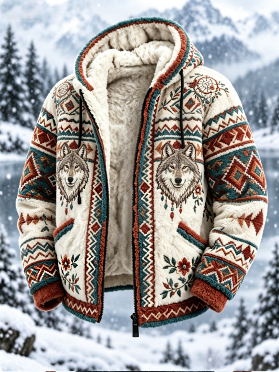 Mænds vintage flanneljakke i nordisk stil med aztekisk hjortehovedmotiv