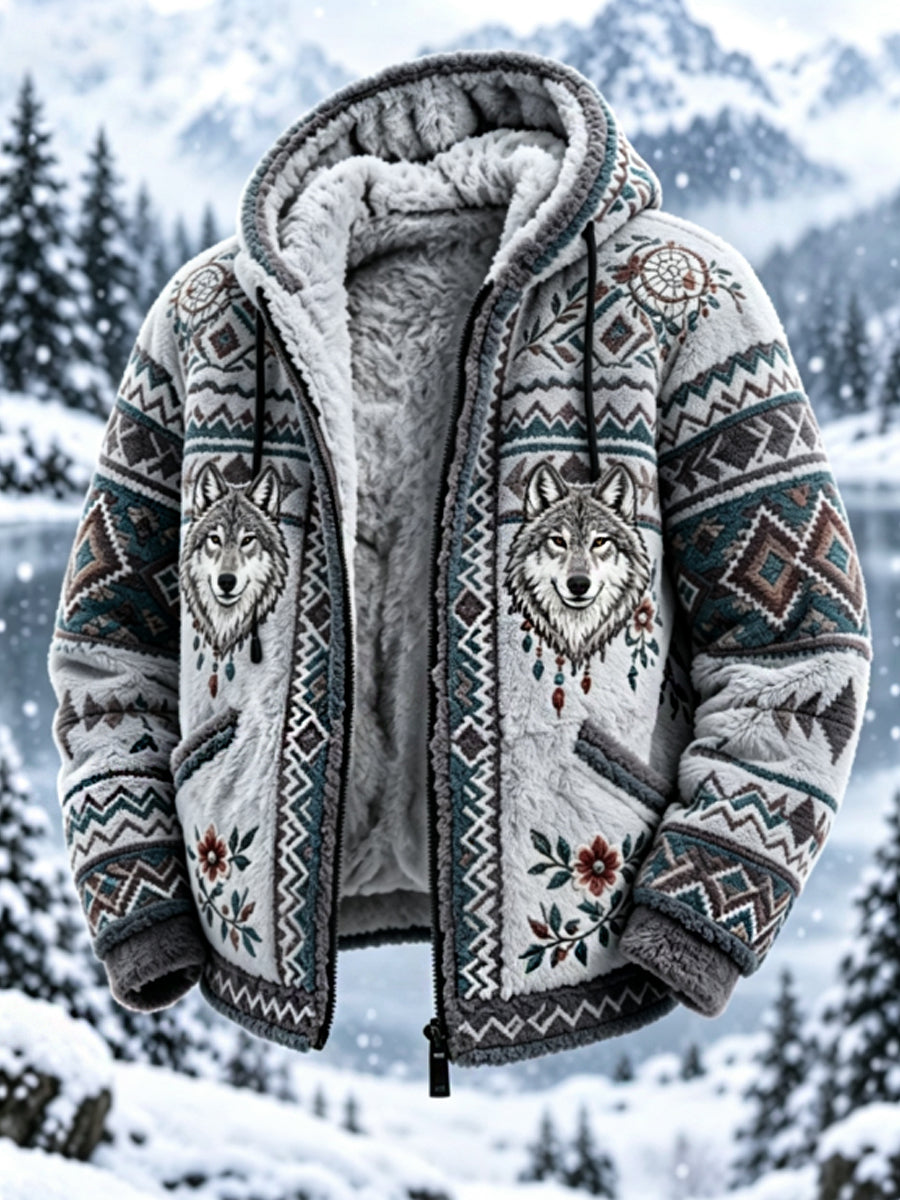 Mænds vintage flanneljakke i nordisk stil med aztekisk hjortehovedmotiv