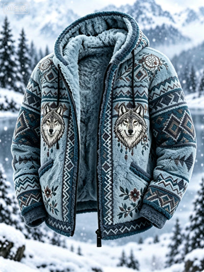 Mænds vintage flanneljakke i nordisk stil med aztekisk hjortehovedmotiv