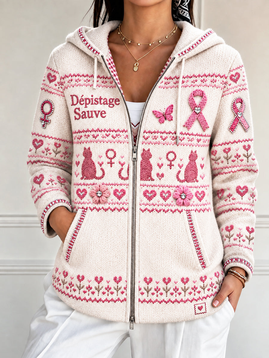 Kvinders Off-hvid fransk brystkræft Print Casual Hooded Jacke