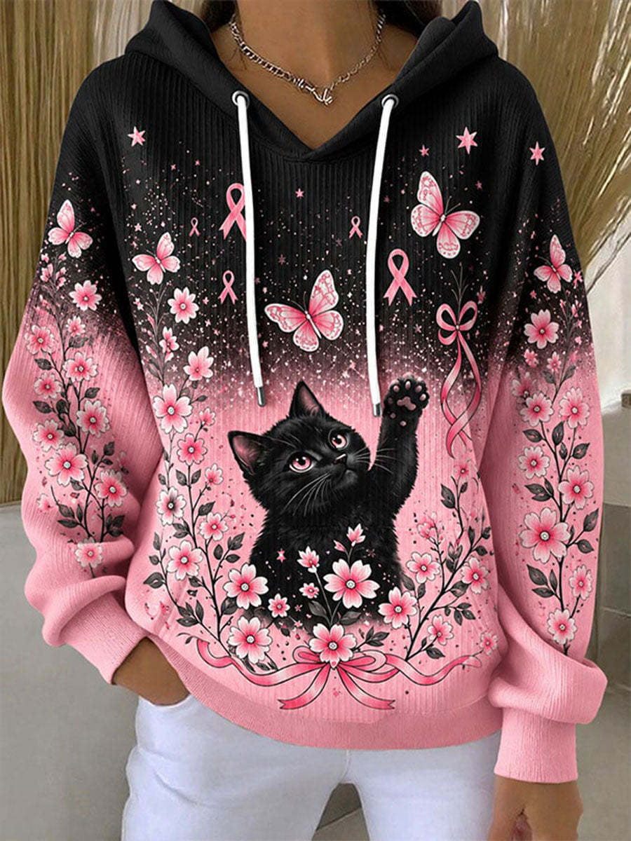 Kvindehoodie med katteprint og budskab om brystkræftprævention, afslappet stil
