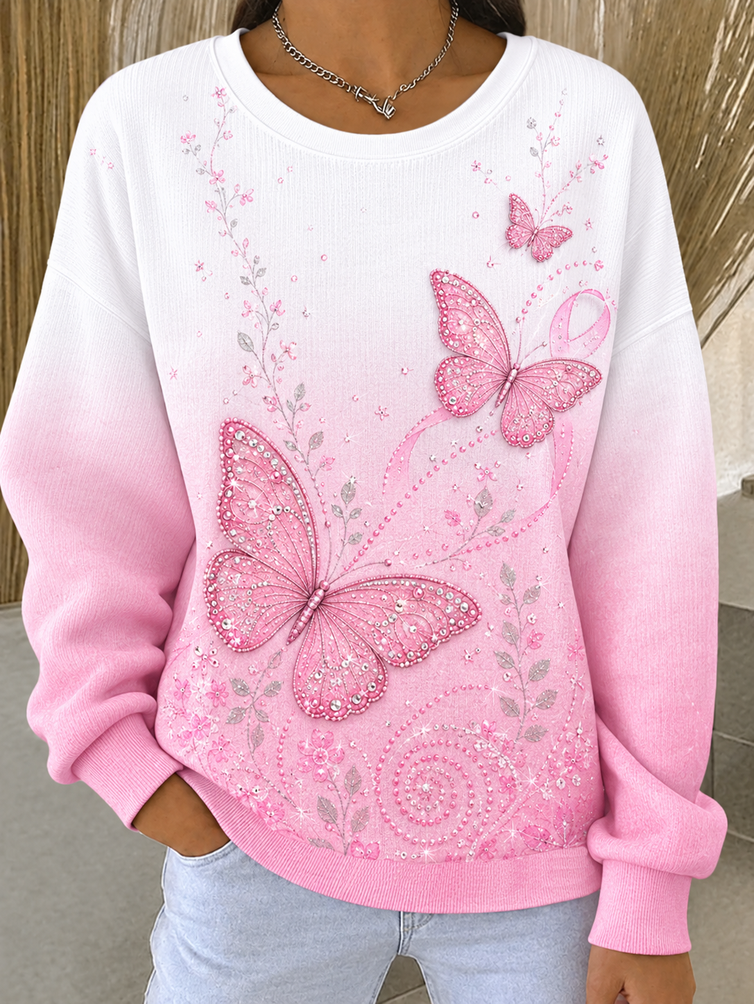 Kvinders brystkræft ribbet rundhals-sweatshirt