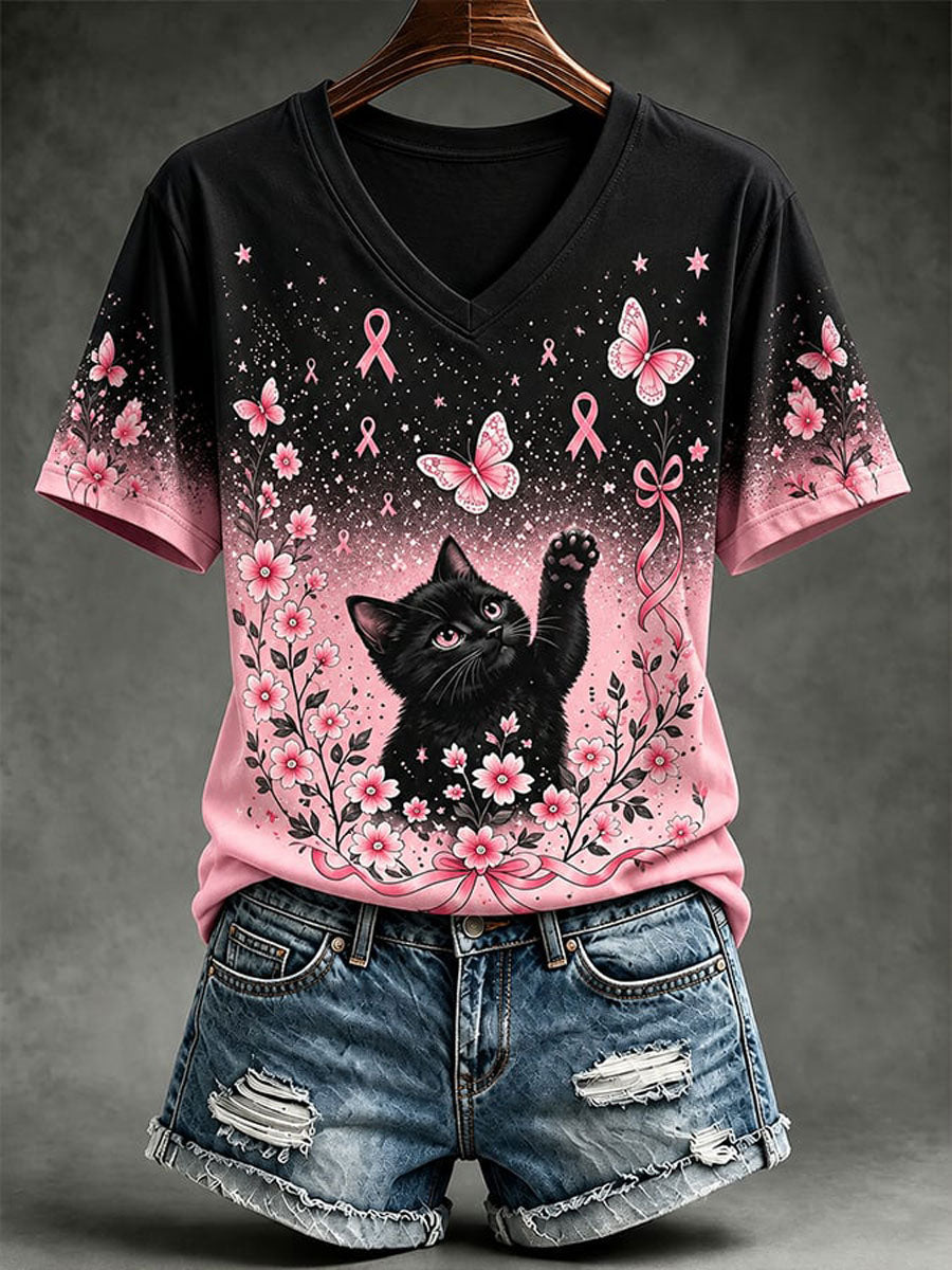 Kvinders brystkræft opmærksomhed Kat Print Casual T-shirt