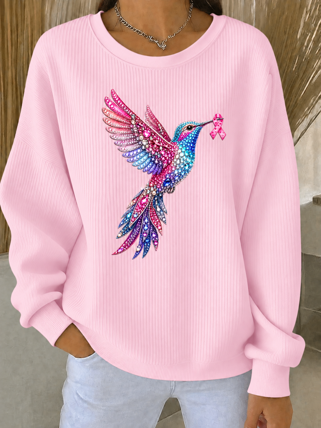 Kvinders brystkræft ribbet rundhals-sweatshirt