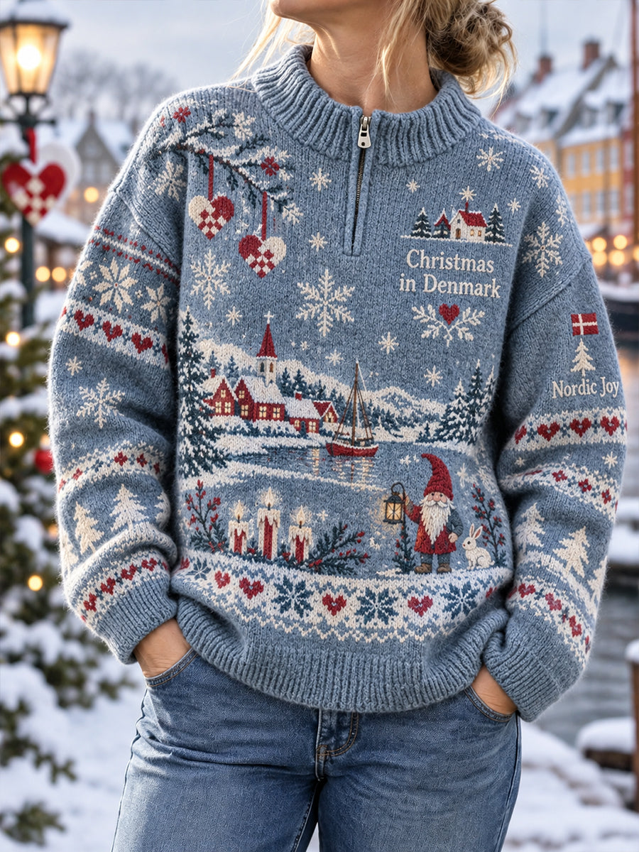 Kvinders julemotiveret print strikket turtleneck sweatshirt med lange ærmer