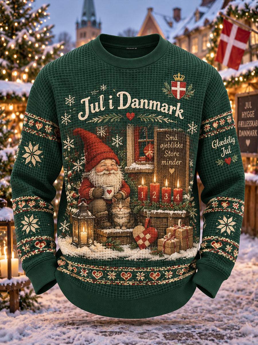 Mænds julemotiveret printet top med vaffelstriber og lange ærmer