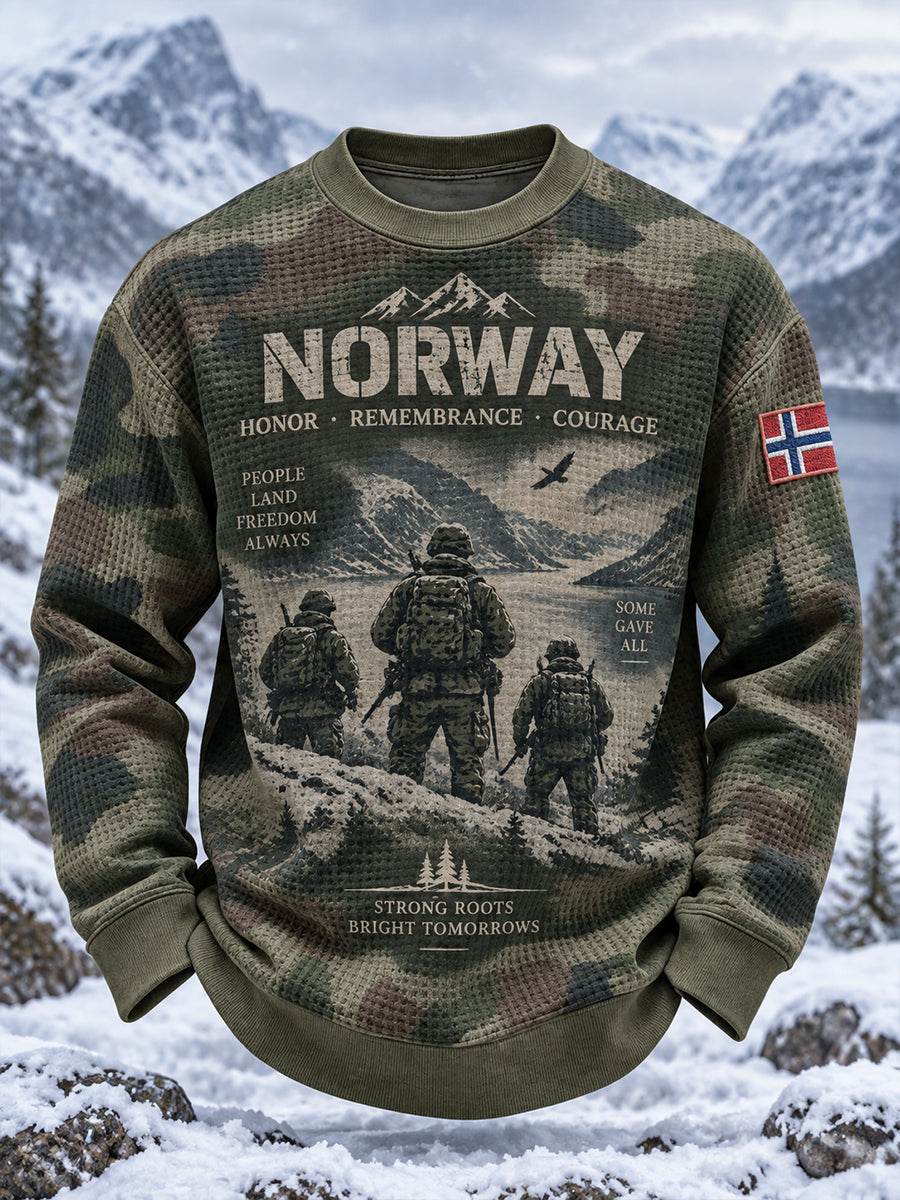 Herretrøye med veteran-tema, militær minnetrykk, vaffelstrikk og lange ermer