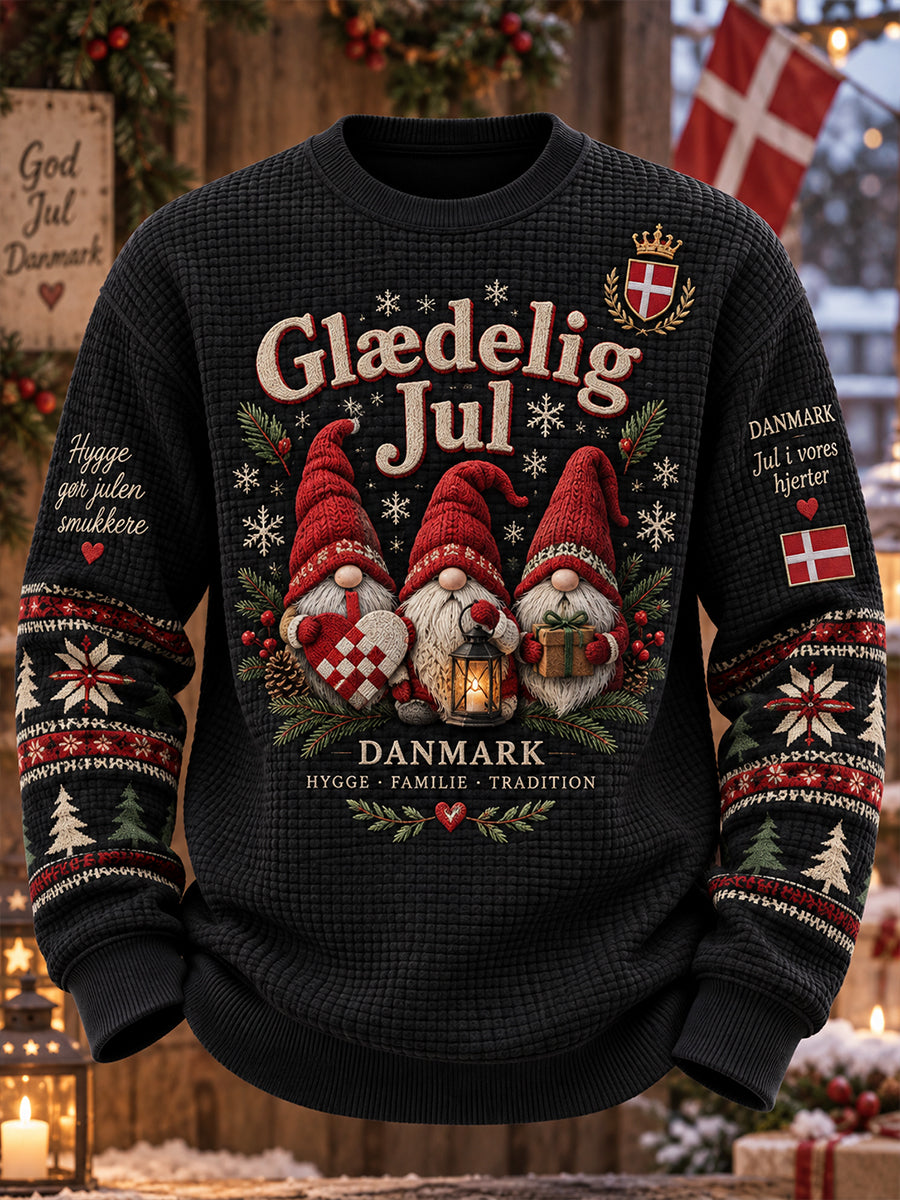 Mænds julemotiveret printet top med vaffelstriber og lange ærmer