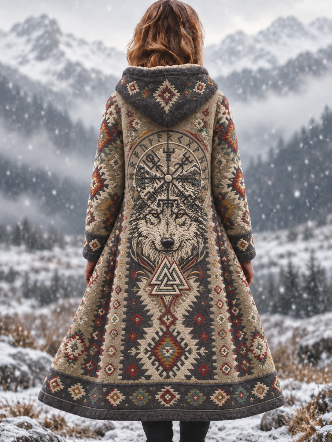 Kvinders vintage vikingulvehoved aztekisk tyk flanelljakke