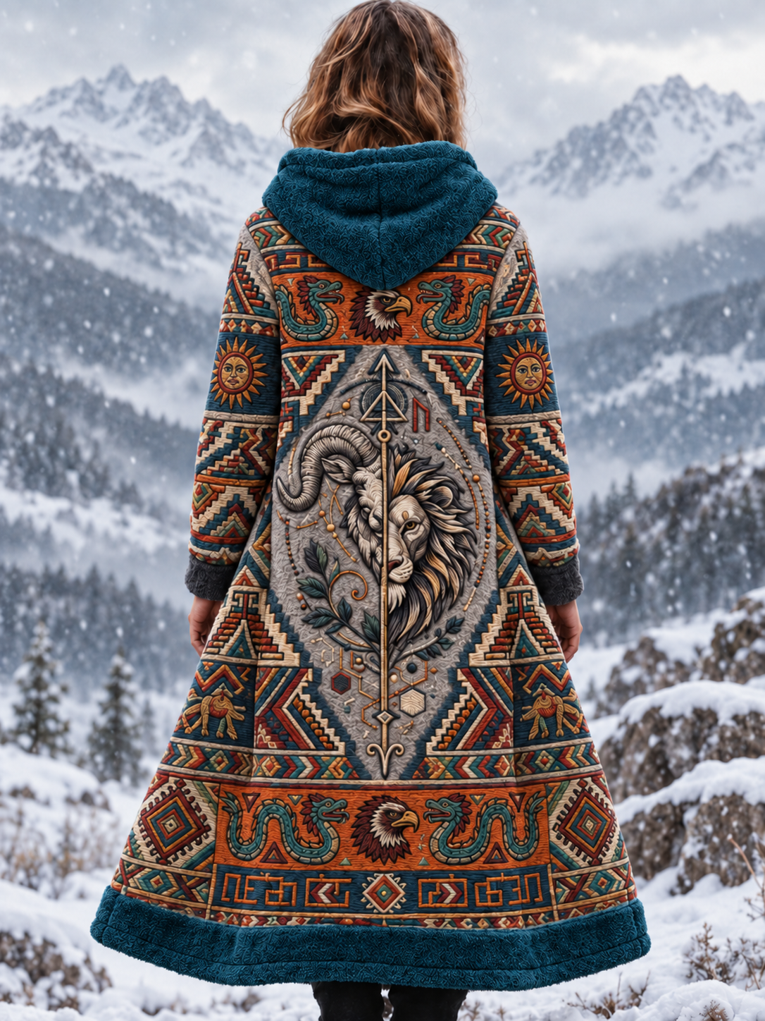 Kvinders vintage vikingulvehoved aztekisk tyk flanelljakke