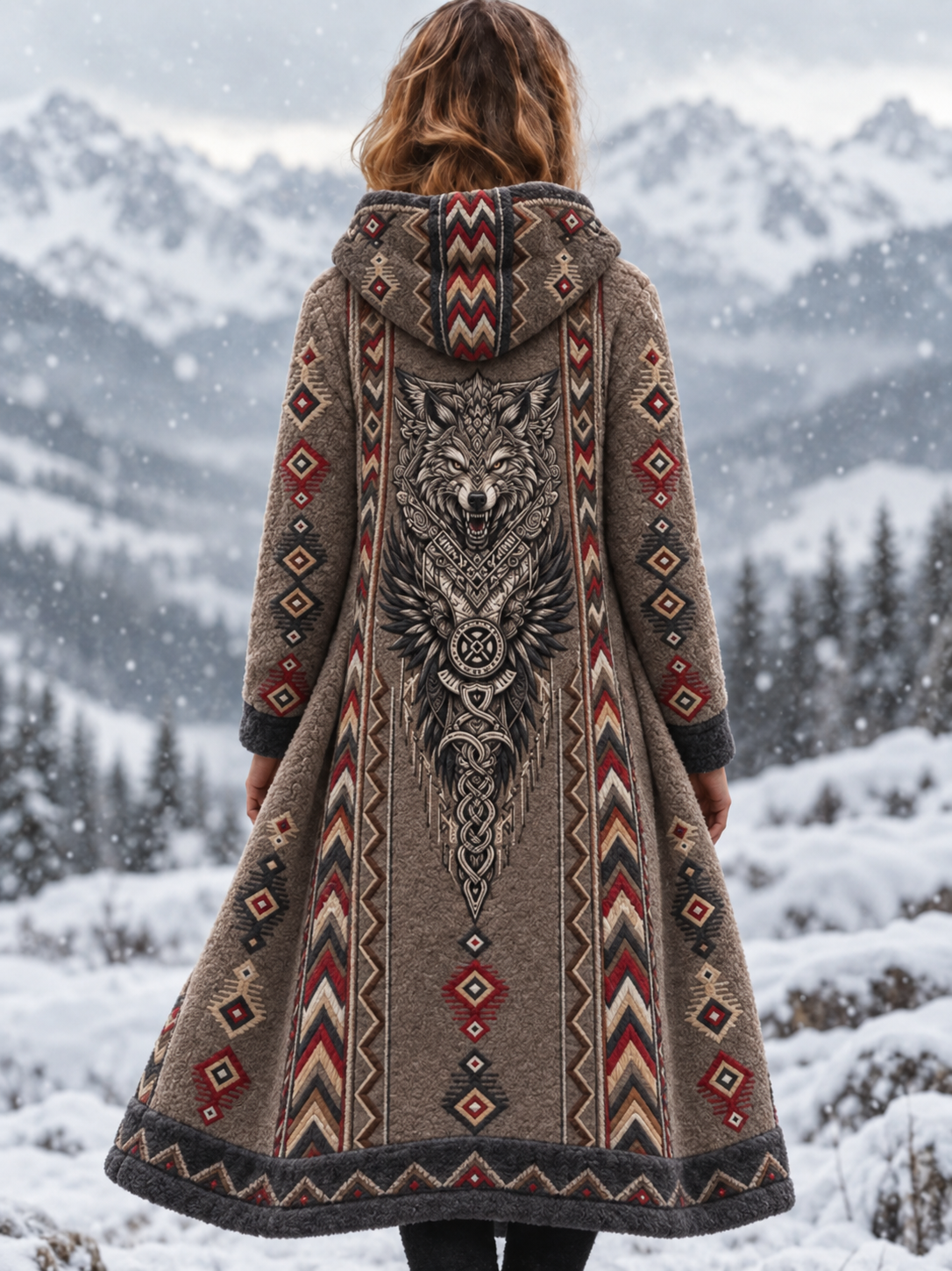 Kvinders vintage vikingulvehoved aztekisk tyk flanelljakke