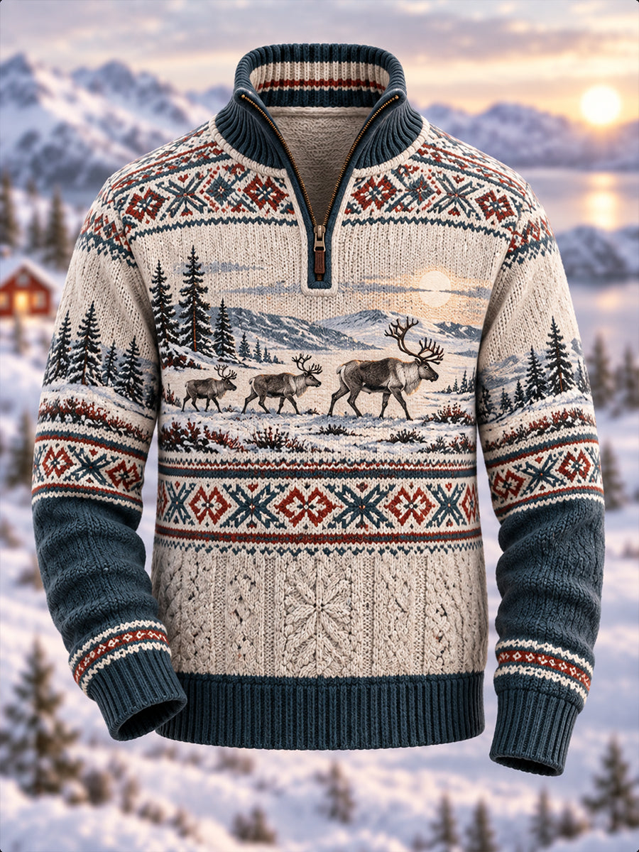 Mænds nordiske dyr Print Flannel Half-Zip Sweater Flannel