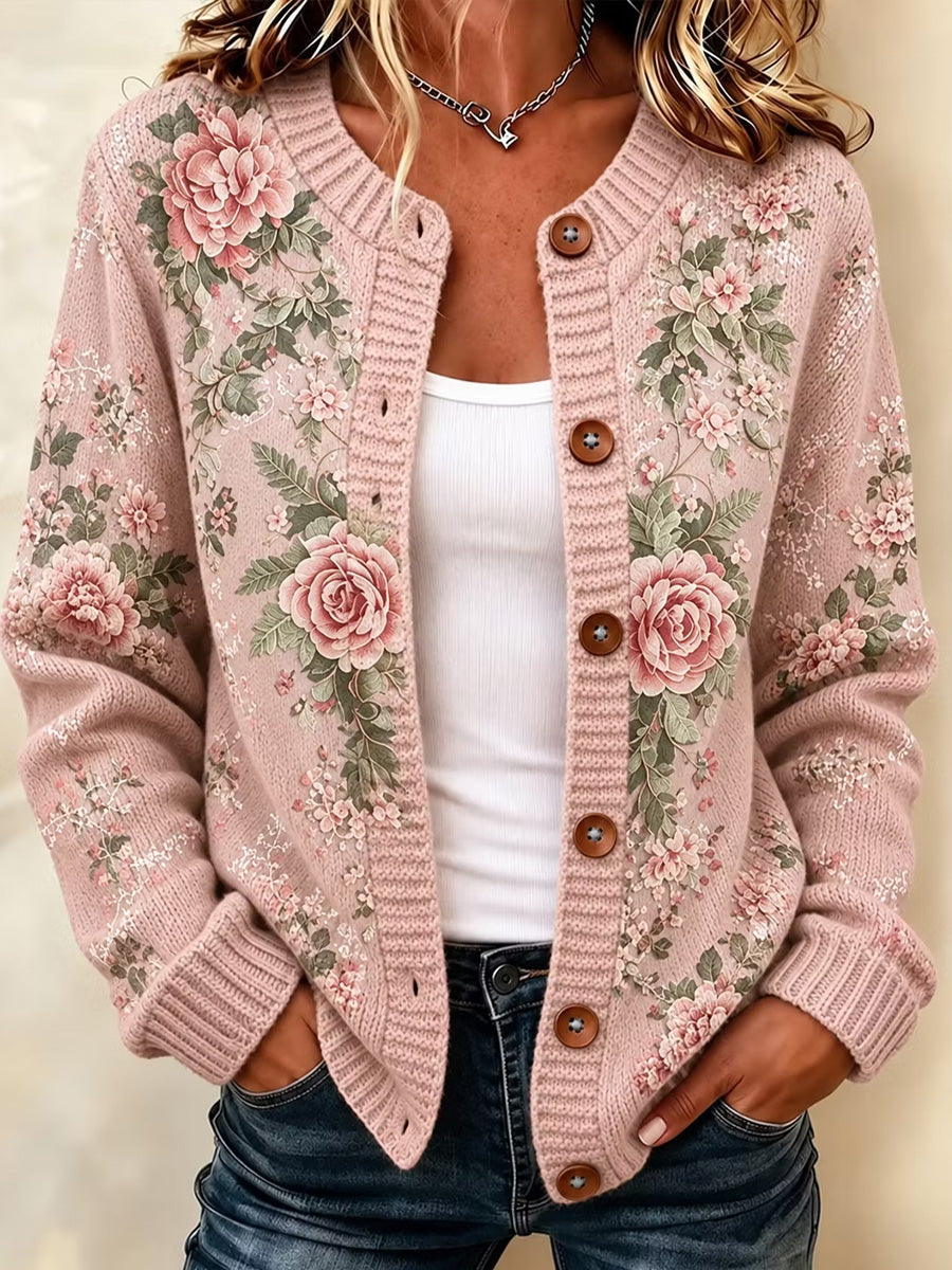 Kvinders Vintage blomsterkunst Print Casual komfortable Cardigan SweaterName