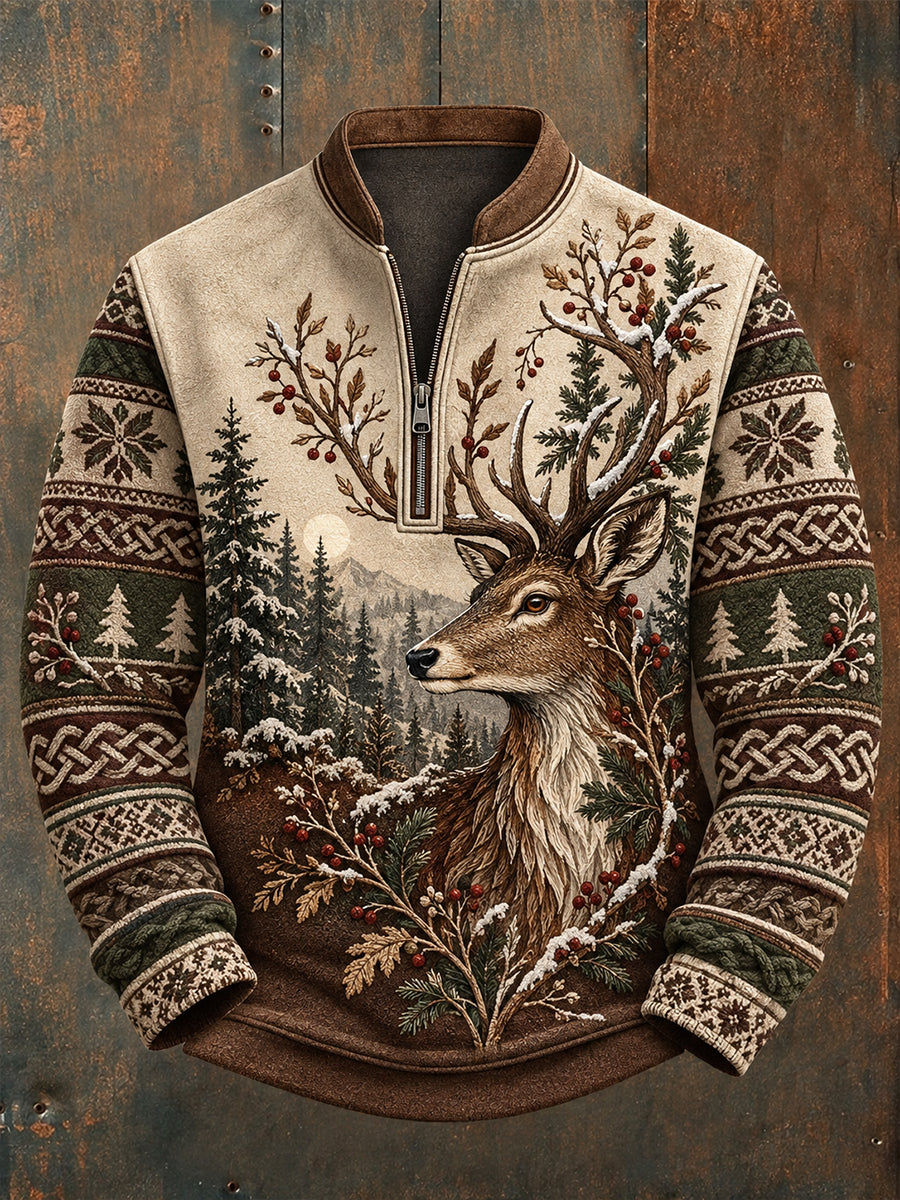 Mænds nordiske dyr Print Flannel Halv-Zip Sweatshirt