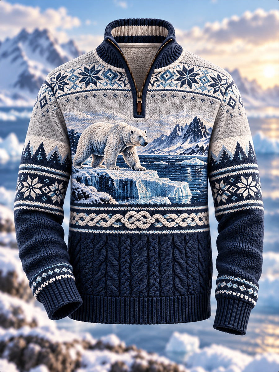 Herreflanelsweater med nordisk dyremotiv og halv lynlås