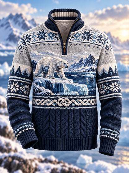 Herreflanelsweater med nordisk dyremotiv og halv lynlås