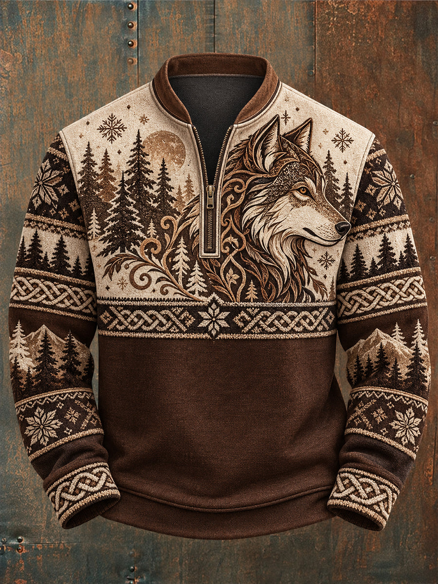 Herreflanelsweater med nordisk dyremotiv og halv lynlås