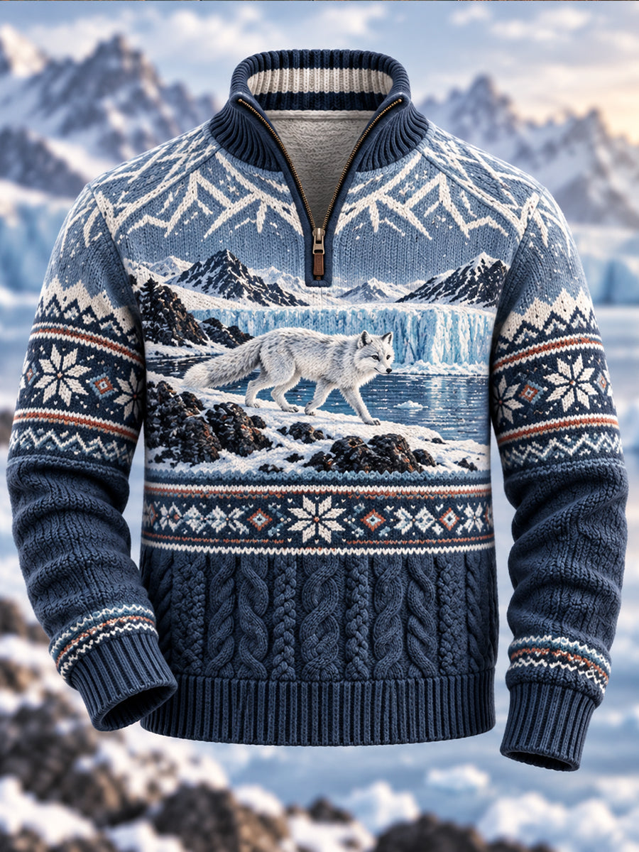 Herreflanelsweater med nordisk dyremotiv og halv lynlås