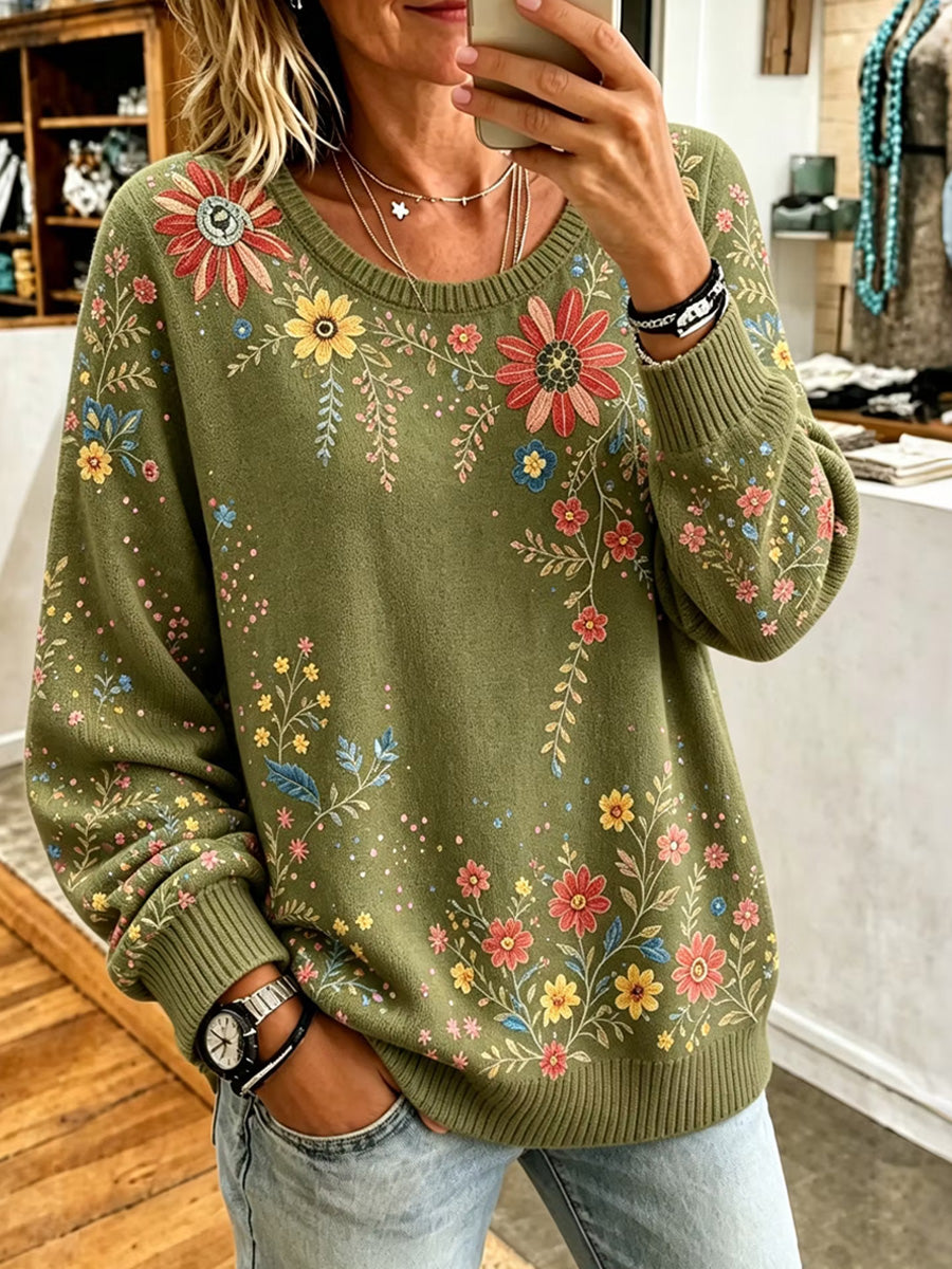 Kvinders afslappet og behagelig trøje med rund hals og vintage blomstermotiv