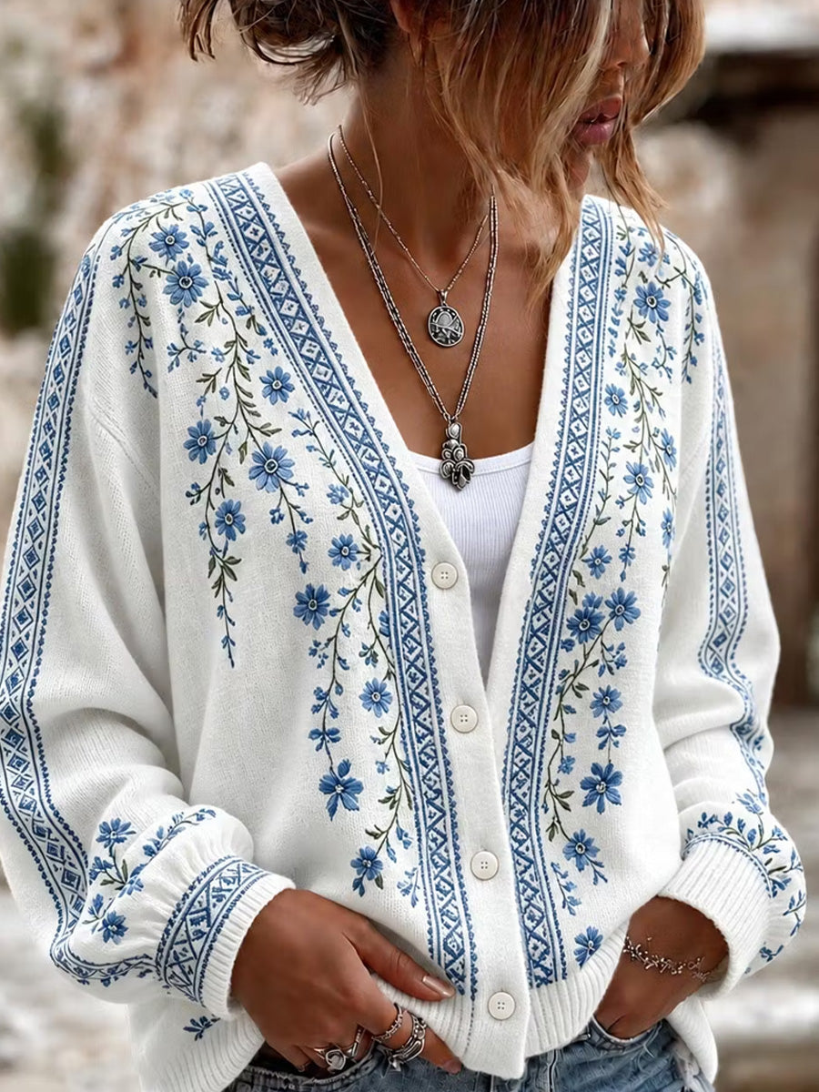 Kvinde vintage blomsterprint afslappet behagelig cardigan sweater