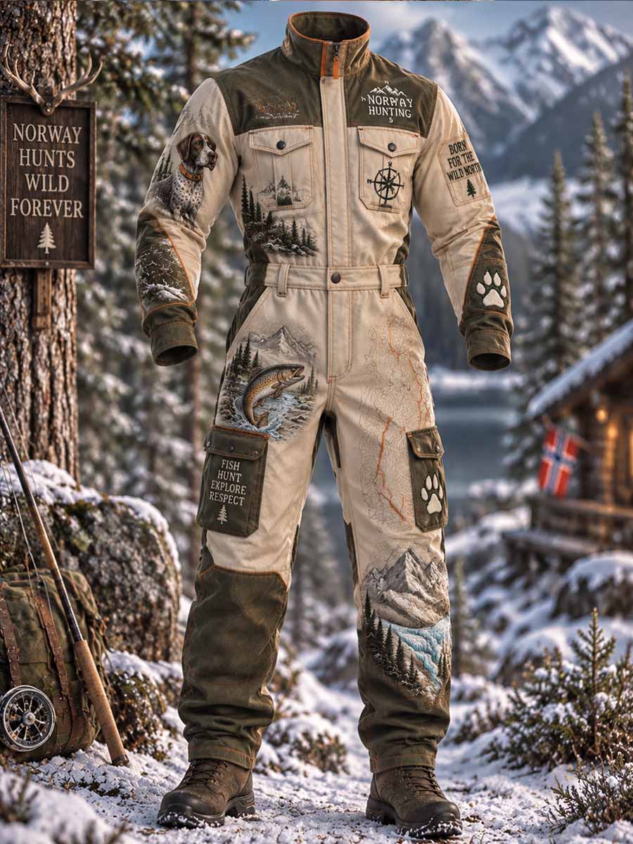 Menns retro jumpsuit med jaktsesongmønster for utendørsbruk