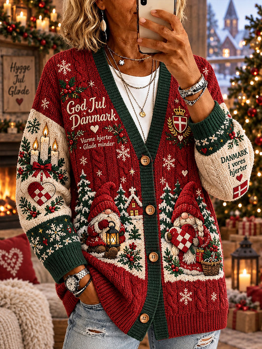 Kvindelig strikket cardigan med julemotiv