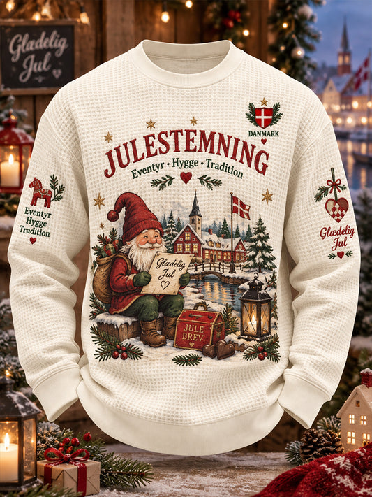 Mænds julemotiveret printet top med vaffelstriber og lange ærmer