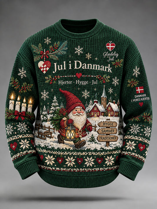 Mænds julemotiveret printet top med vaffelstriber og lange ærmer