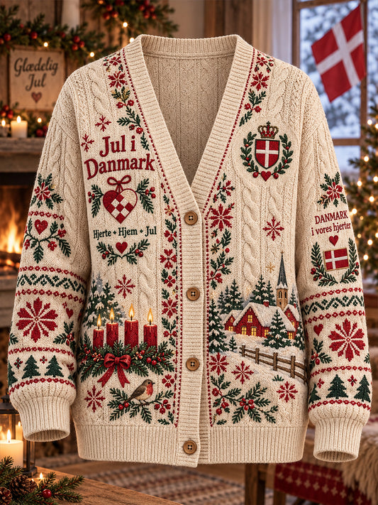 Kvindelig strikket cardigan med julemotiv