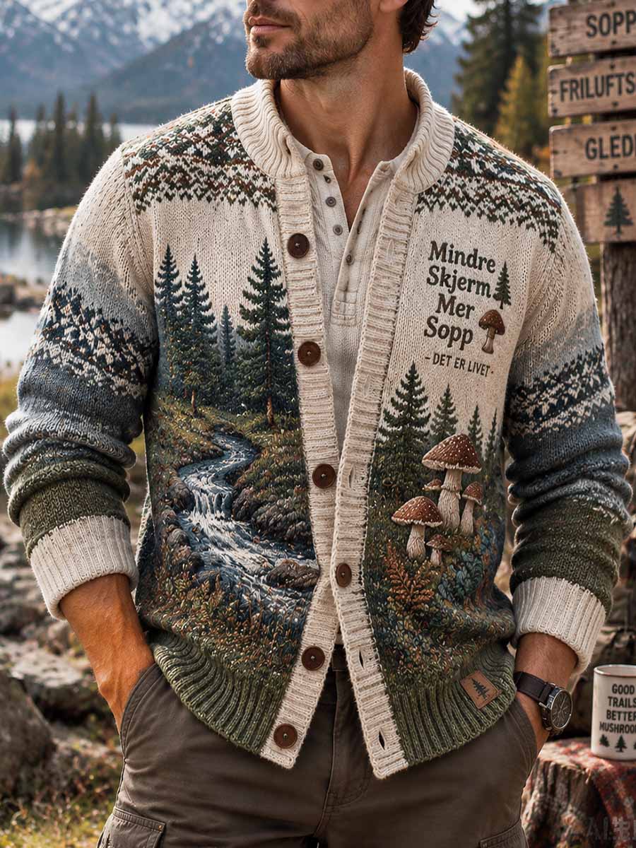 Vintage-kardigan for menn med trykk av skattejakt i skogen og soppårstid