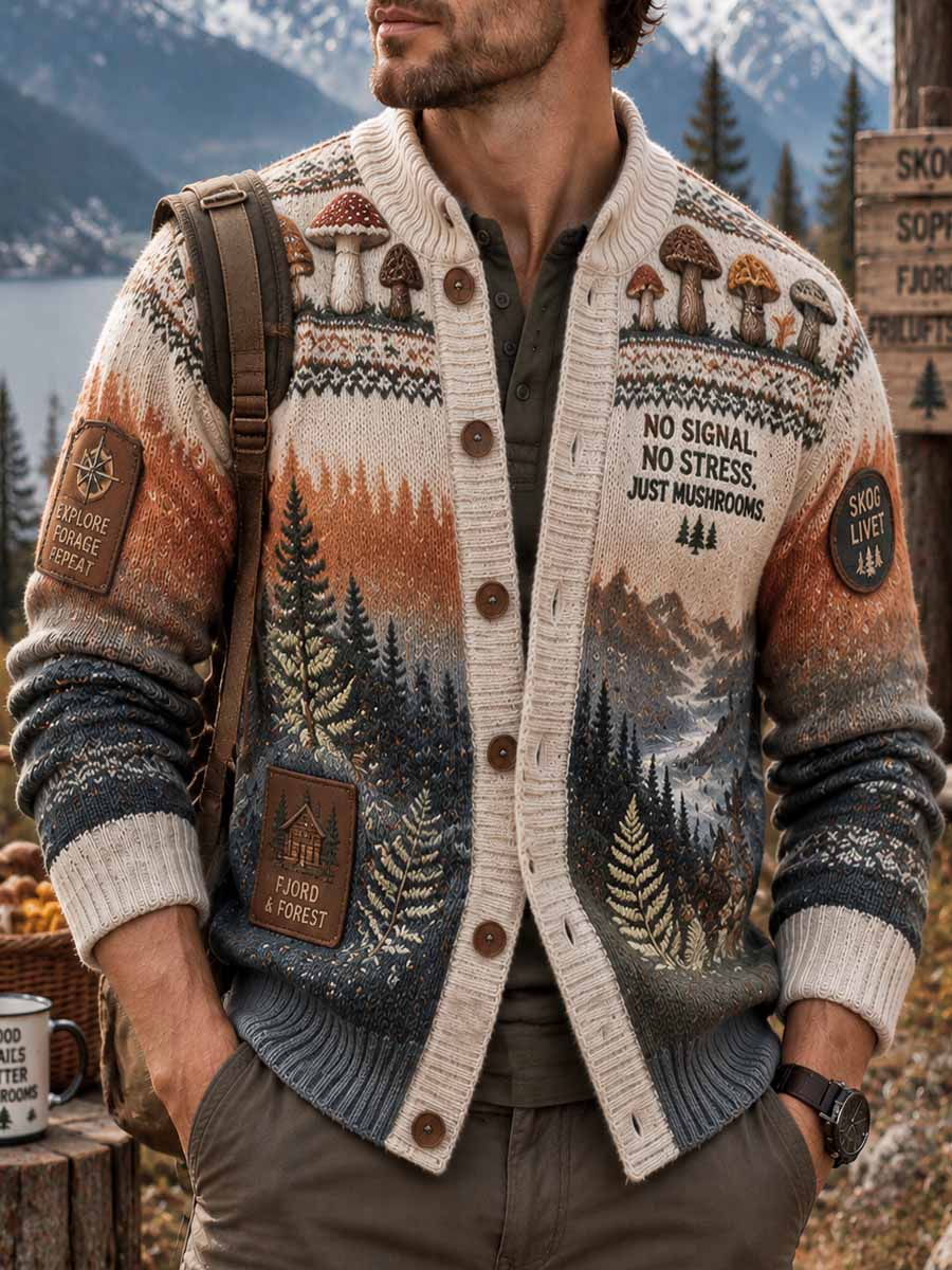 Vintage-kardigan for menn med trykk av skattejakt i skogen og soppårstid