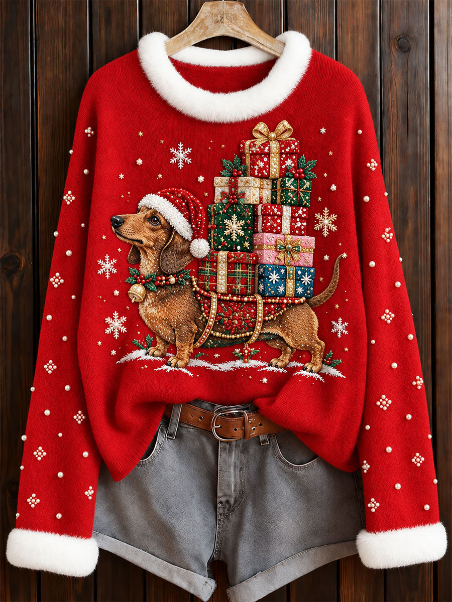 Kvinders jul Dachhund Print besætning hals Sweater Nege