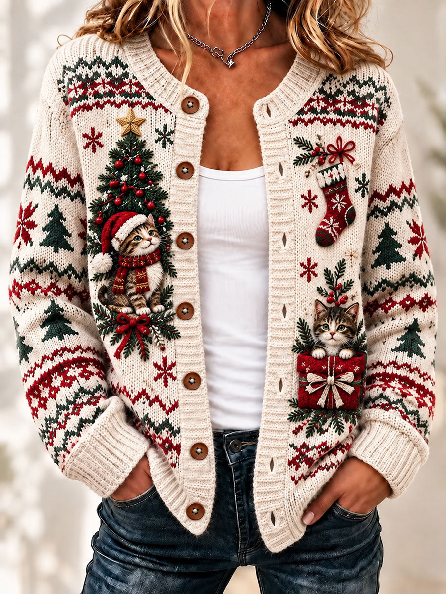 Kvinders jul søde kat kunst Print Casual Cardigan