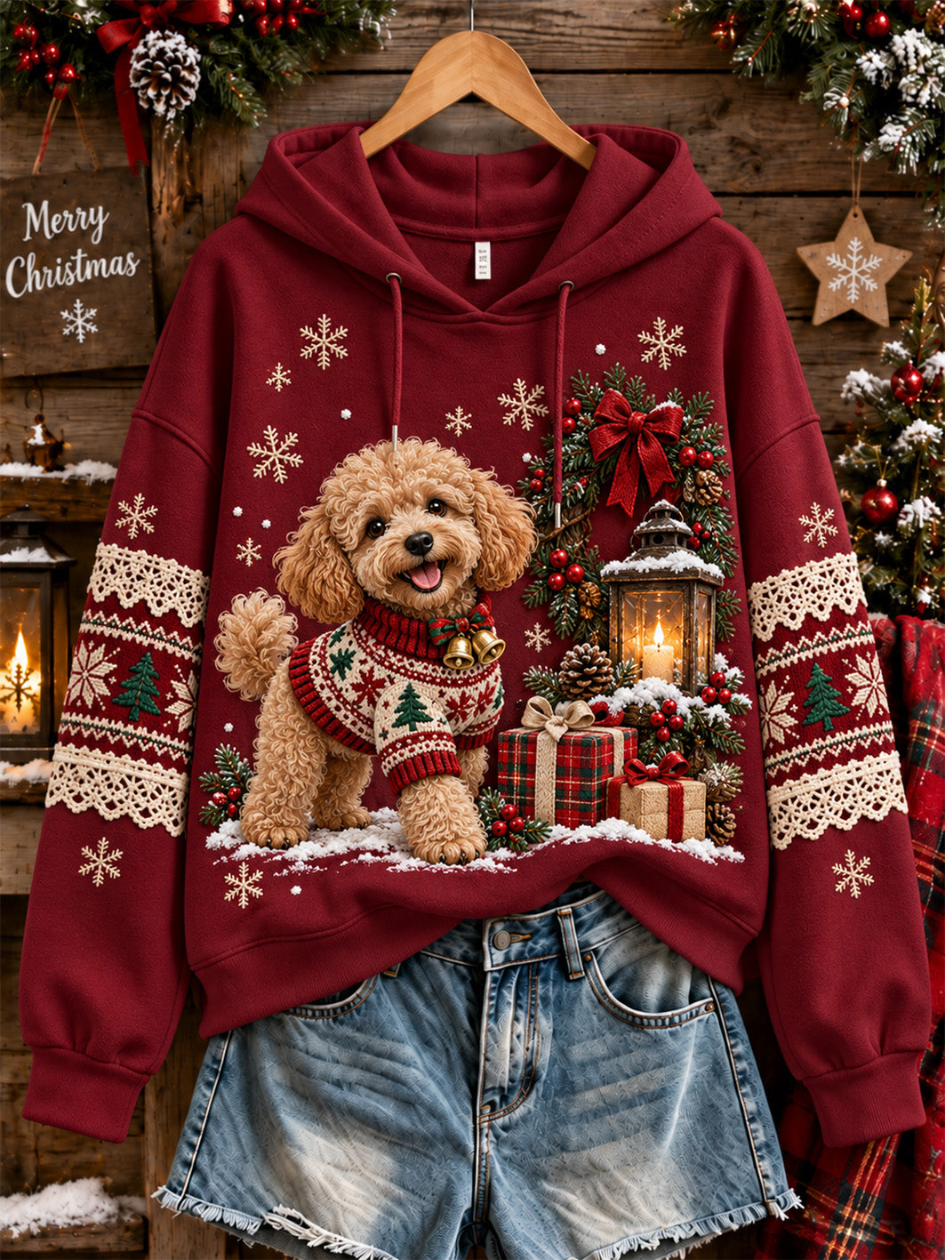 Kvinders jule legetøj Poodle Mønster Casual Hoodie.