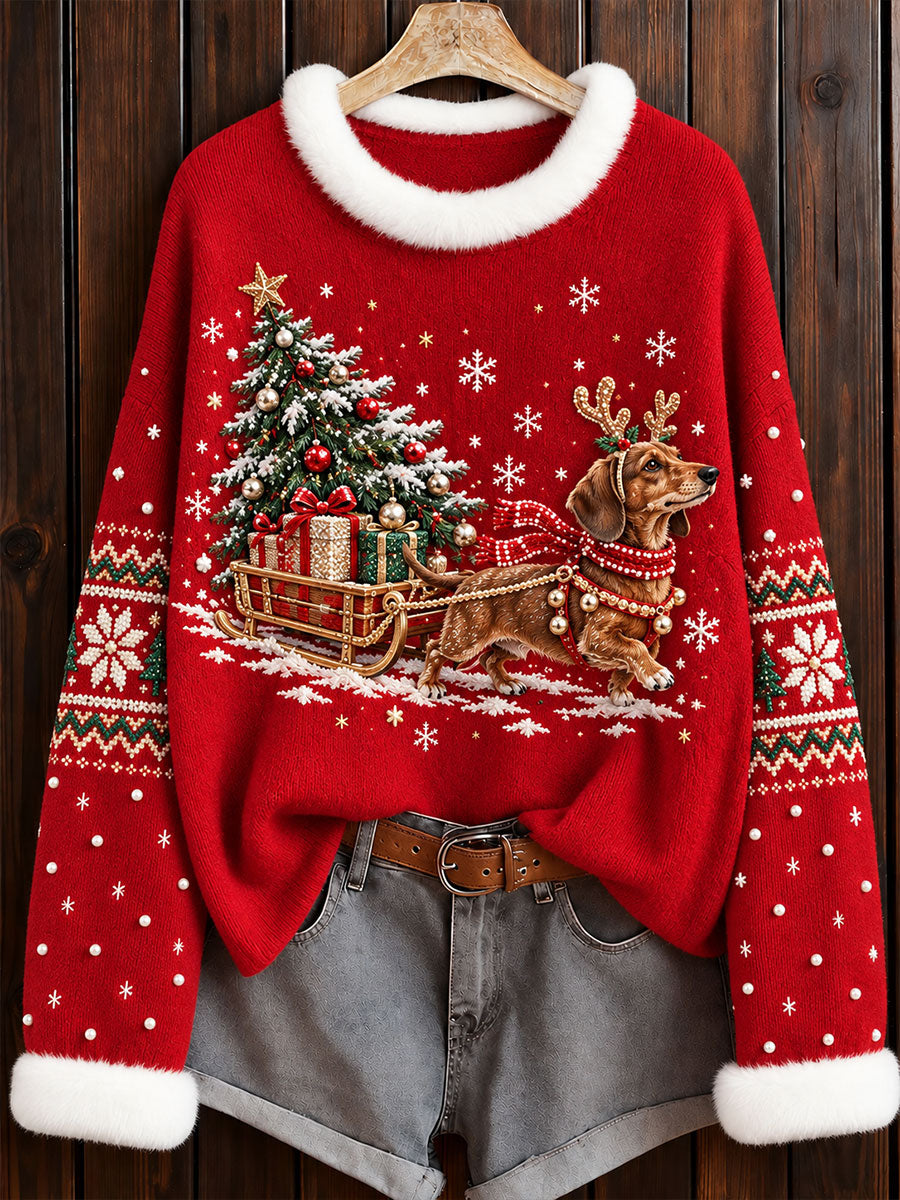 Kvinders julesweater med gravhundprint og rund hals