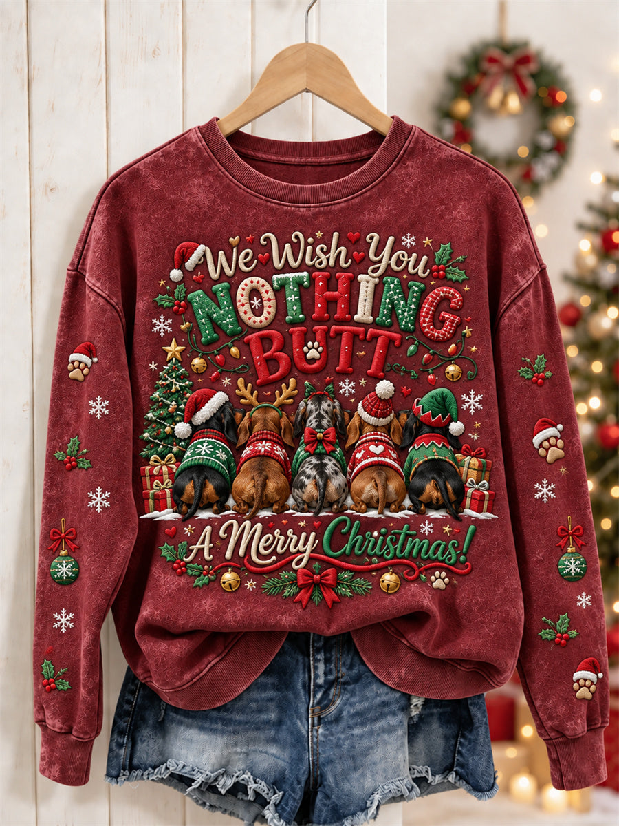 Dame-sweatshirt med print af gravhunde: "Vi ønsker dig intet – men god jul"