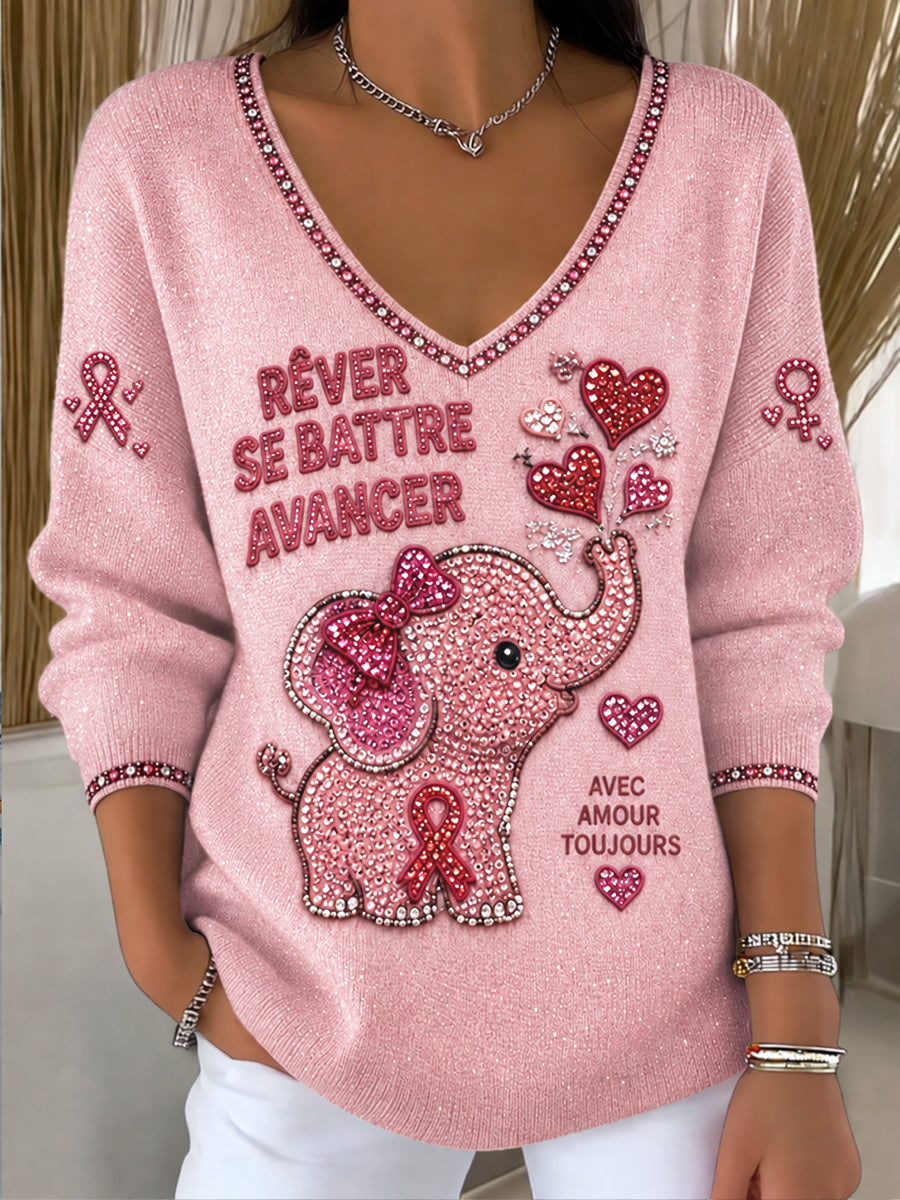 Kvinder Frankrig Brystkræft Kampagne Elephant-Print Casual V-hals Jumpere