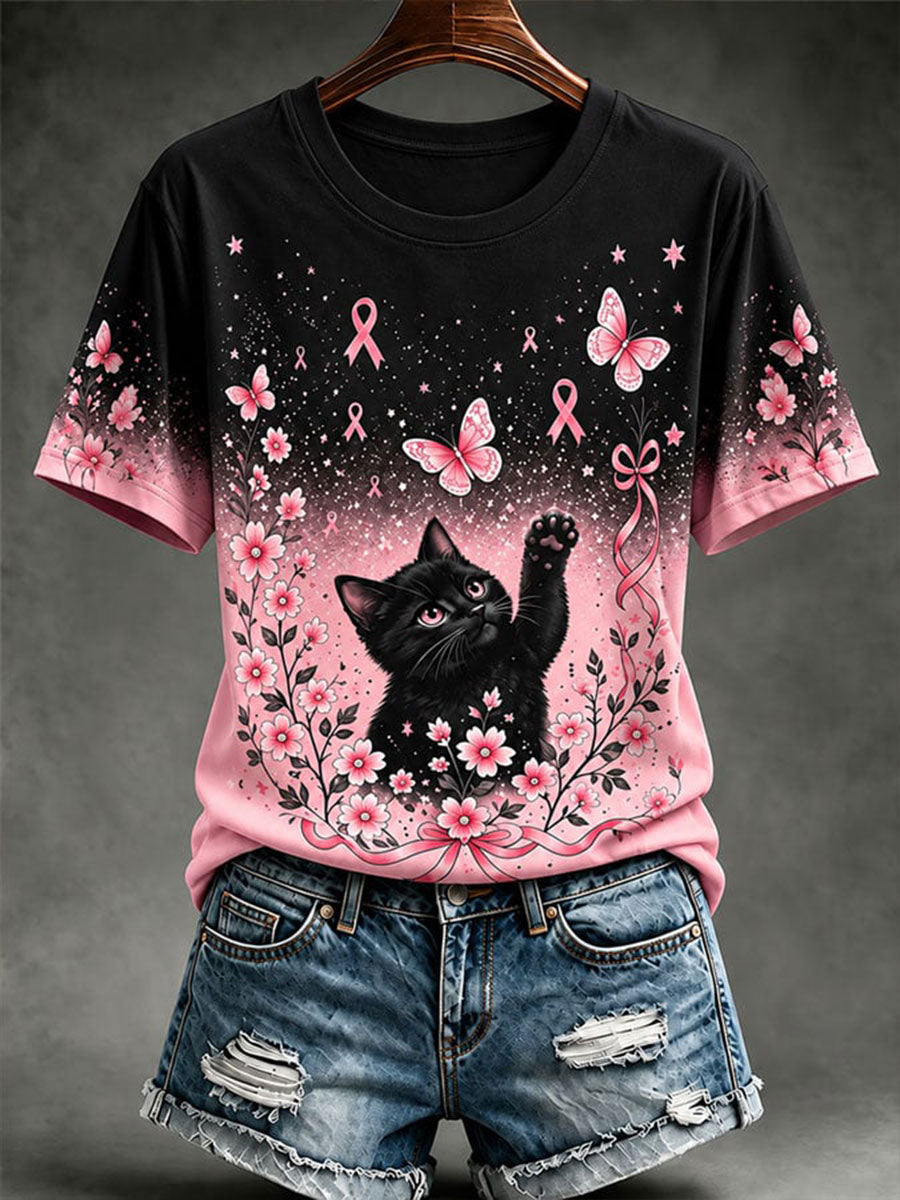 Kvinde T-shirt med katteprint til opmærksomhed om brystkræft, afslappet stil
