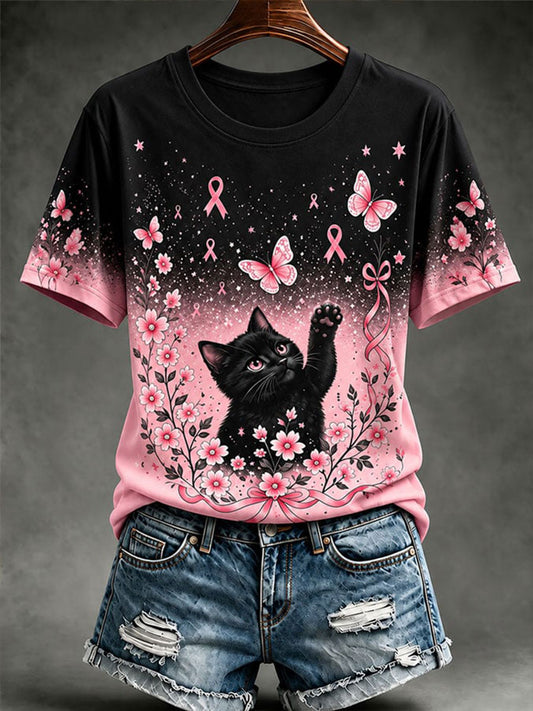 Kvinde T-shirt med katteprint til opmærksomhed om brystkræft, afslappet stil