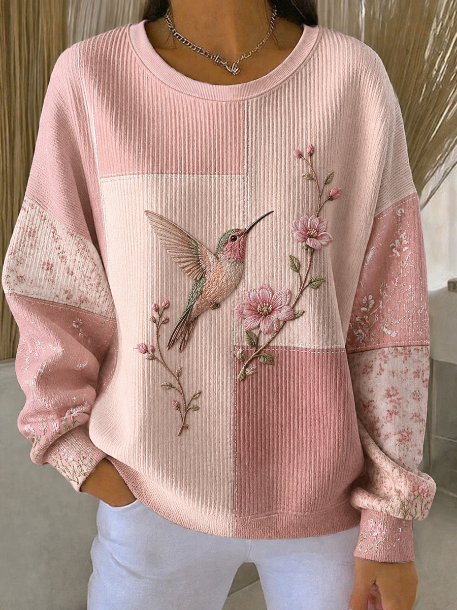 Kvindernes kolibri kunsttryk ribbet rundhalset sweatshirt