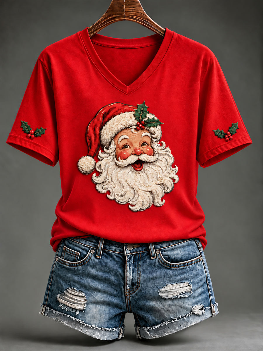 Kvinder Julemand Art V-hals Kortærme T-shirt