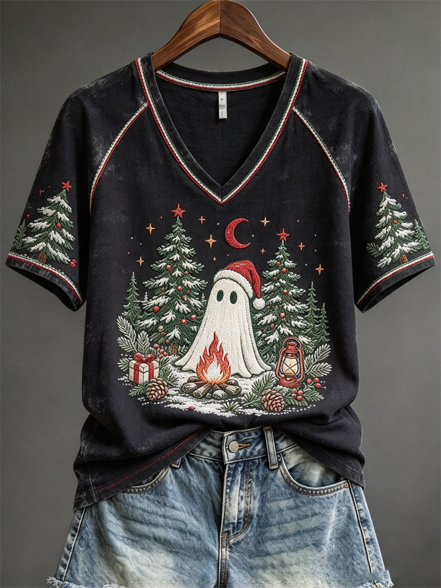 Kvindernes Christmas Ghost Forest Camping Print kortærmet T-shirte