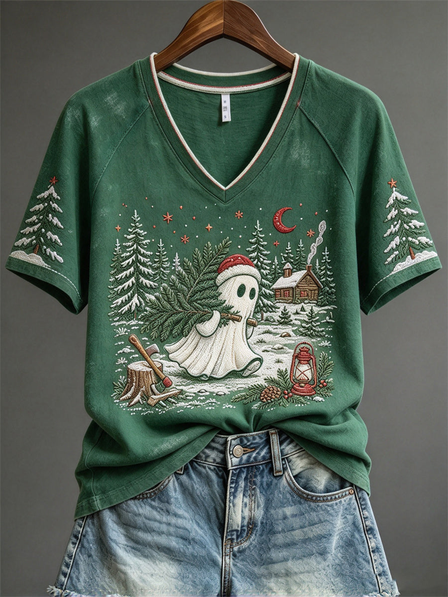 Kvinders juletræskog-ghost-forest-hytte-print t-shirt med korte ærmer