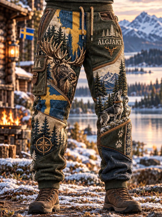 Mäns svenska älg jakt Print Casual Sweatbyxor