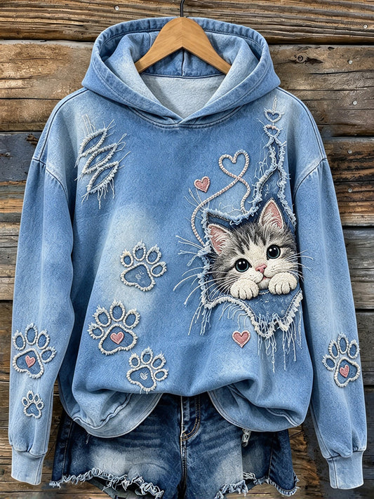 Kvindehoodie i vintagestil med sødt katte- og poteaftryk, behagelig og hyggelig