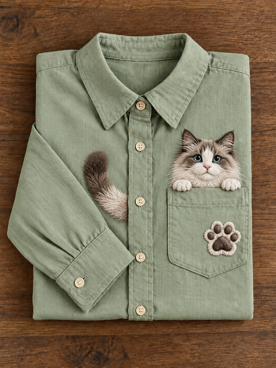 Kvinders søde Peeking Ragdoll Kat & tas Print langærme skjorte