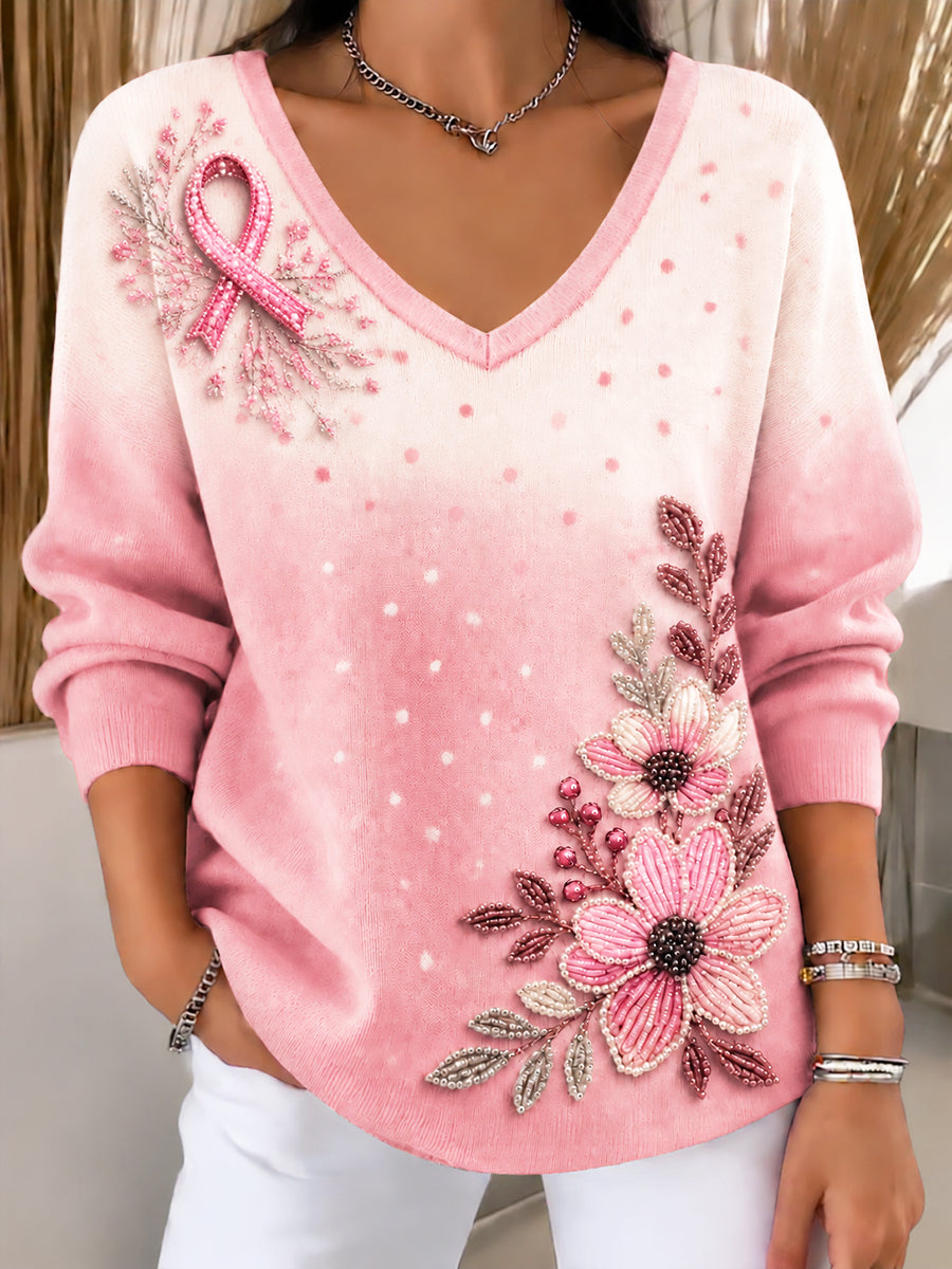 Kvinders brystkræft bevidsthed Floral Polka Dot Gradient Print Casual V-hals Jumpere