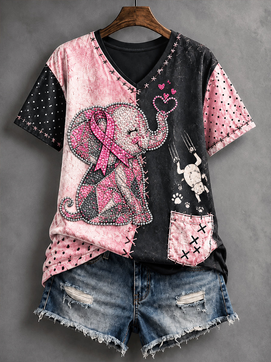 Kvinder Frankrig Brystkræft Bevidsthed Sød Patchwork Print Casual V-hals T-shirt